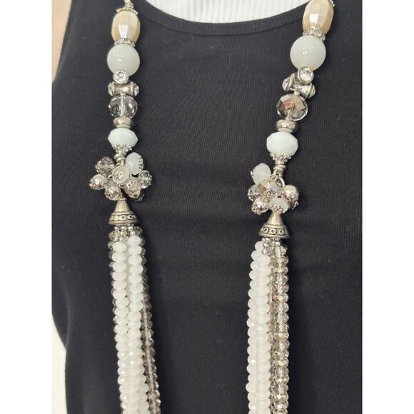 Women's Multi-Strand Statement Chunky White Beaded Silver Tone Chain Necklace - Picture 2 of 8
